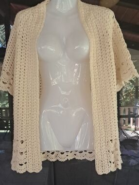 Cream Crochet Open-Front Women's Sweater Cardigan
